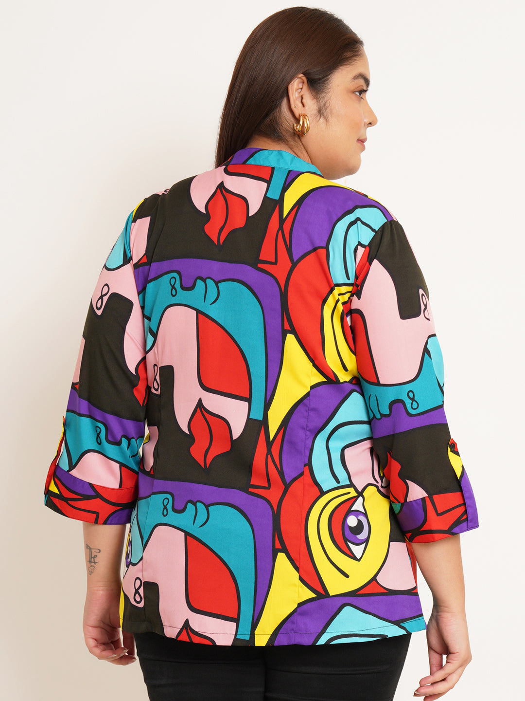 Women Plus Size Abstract Printed Mandarin Collar Top