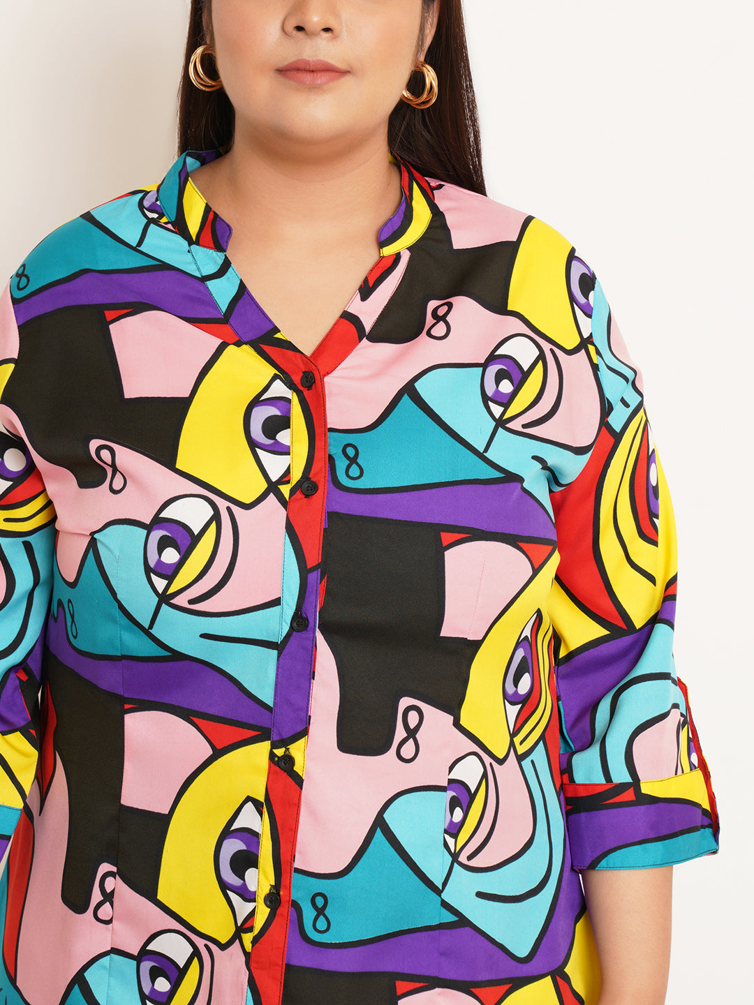 Women Plus Size Abstract Printed Mandarin Collar Top