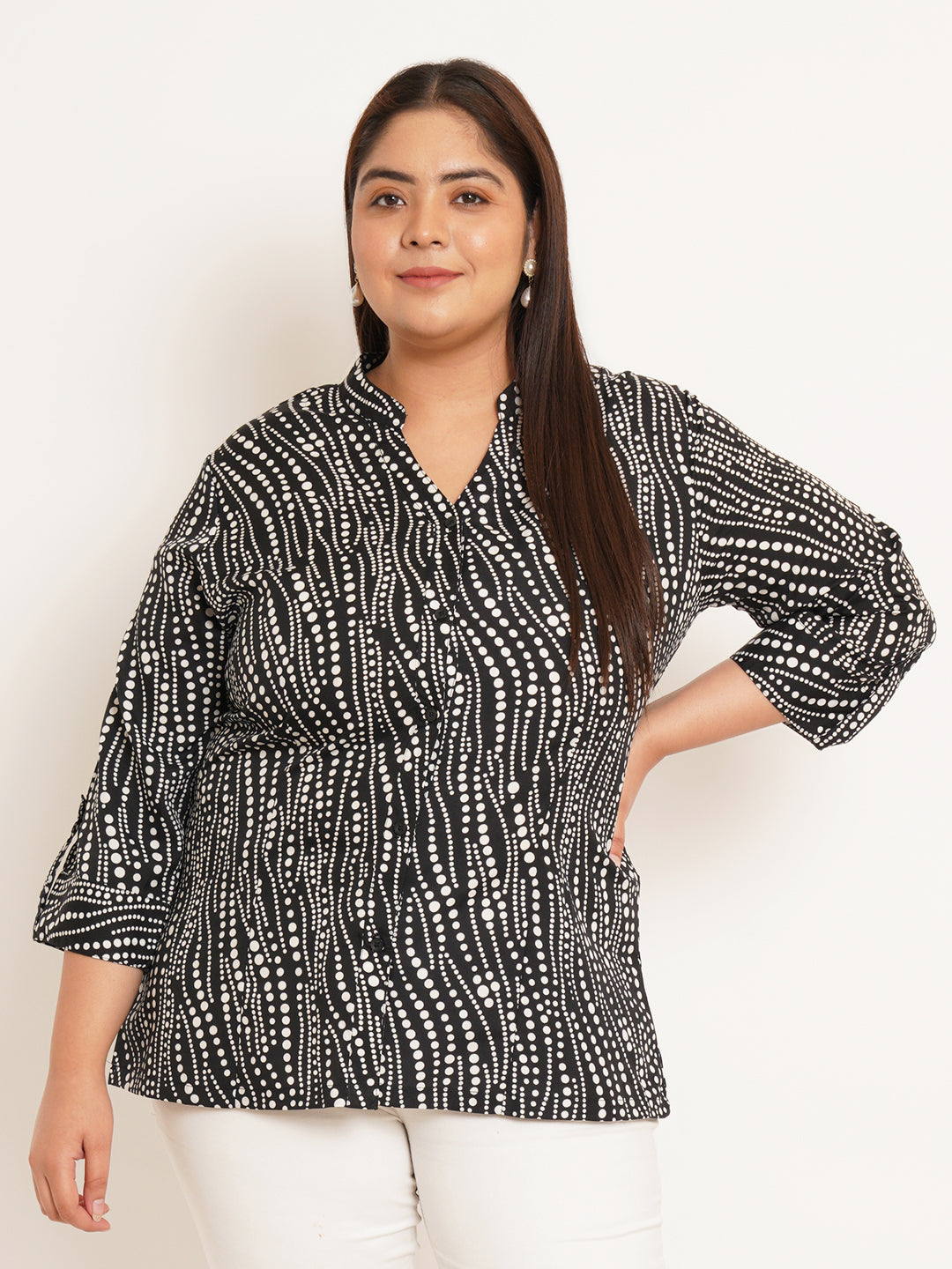 Women Plus Size Geometric Printed Mandarin Collar Top