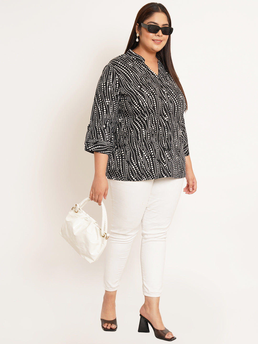 Women Plus Size Geometric Printed Mandarin Collar Top