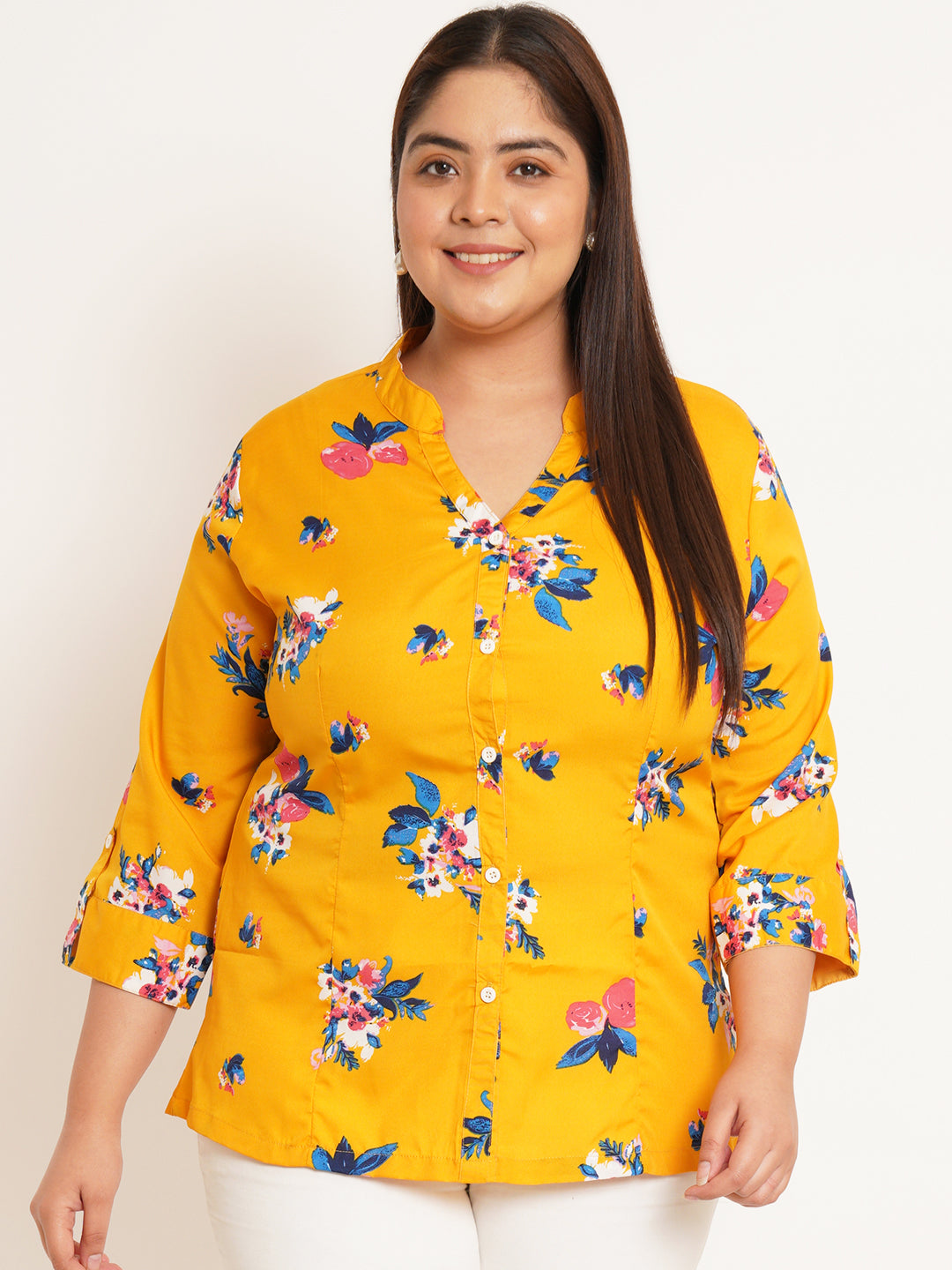 Women Plus Size Floral Printed Mandarin Collar Top