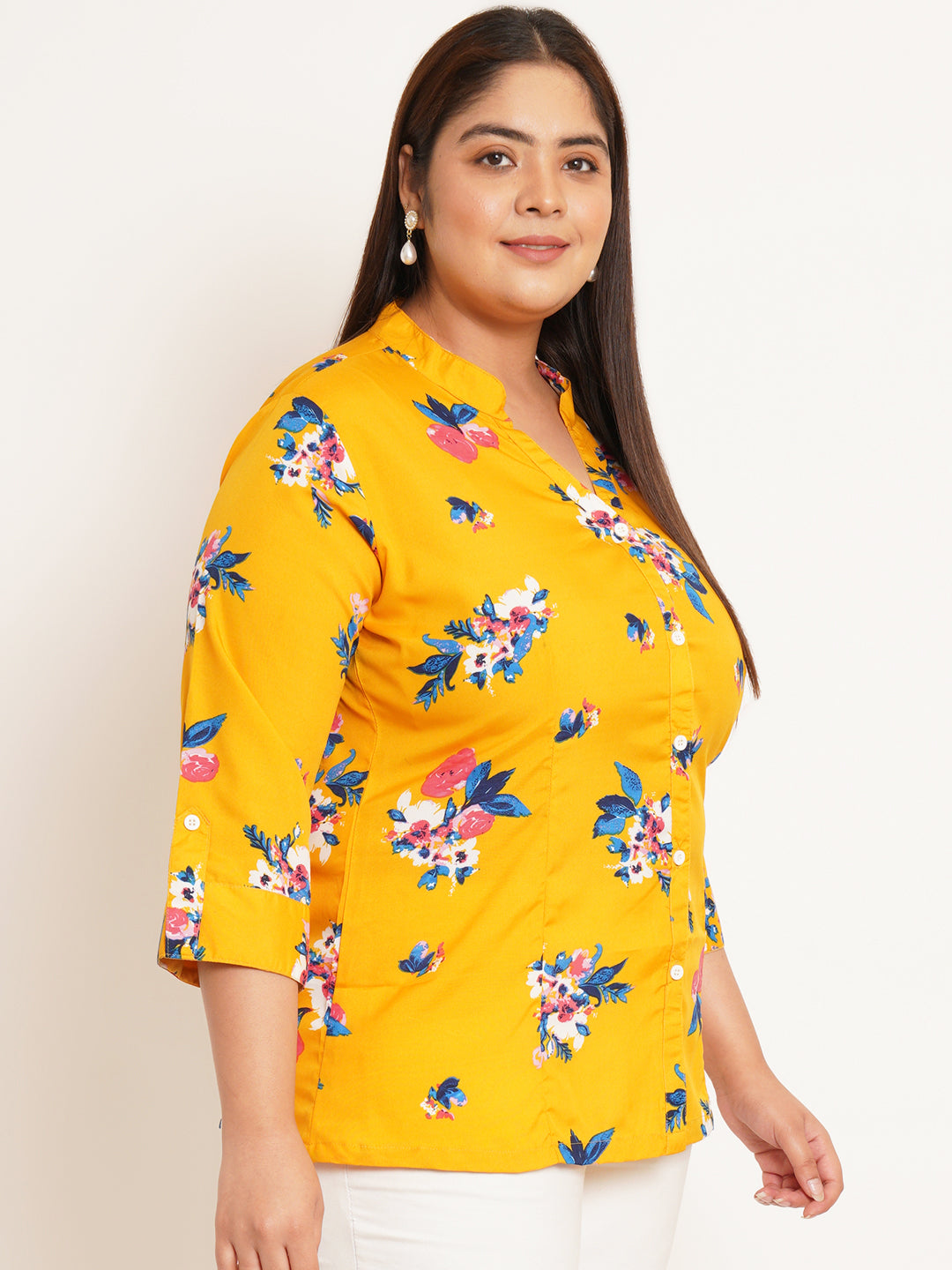 Women Plus Size Floral Printed Mandarin Collar Top