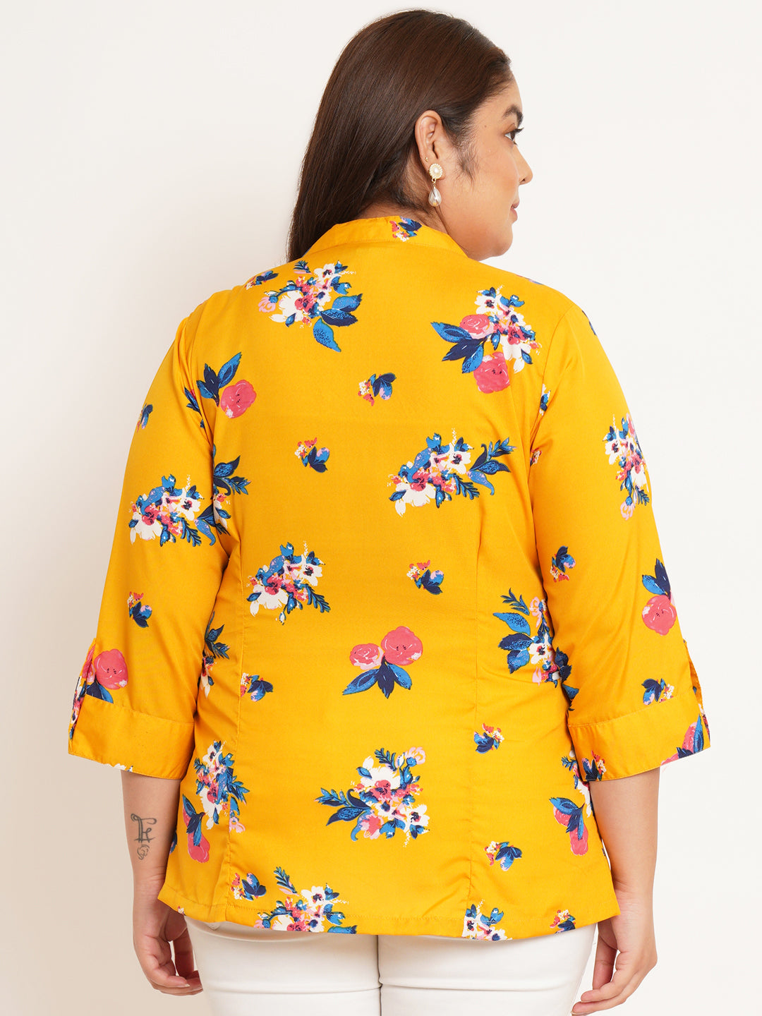 Women Plus Size Floral Printed Mandarin Collar Top