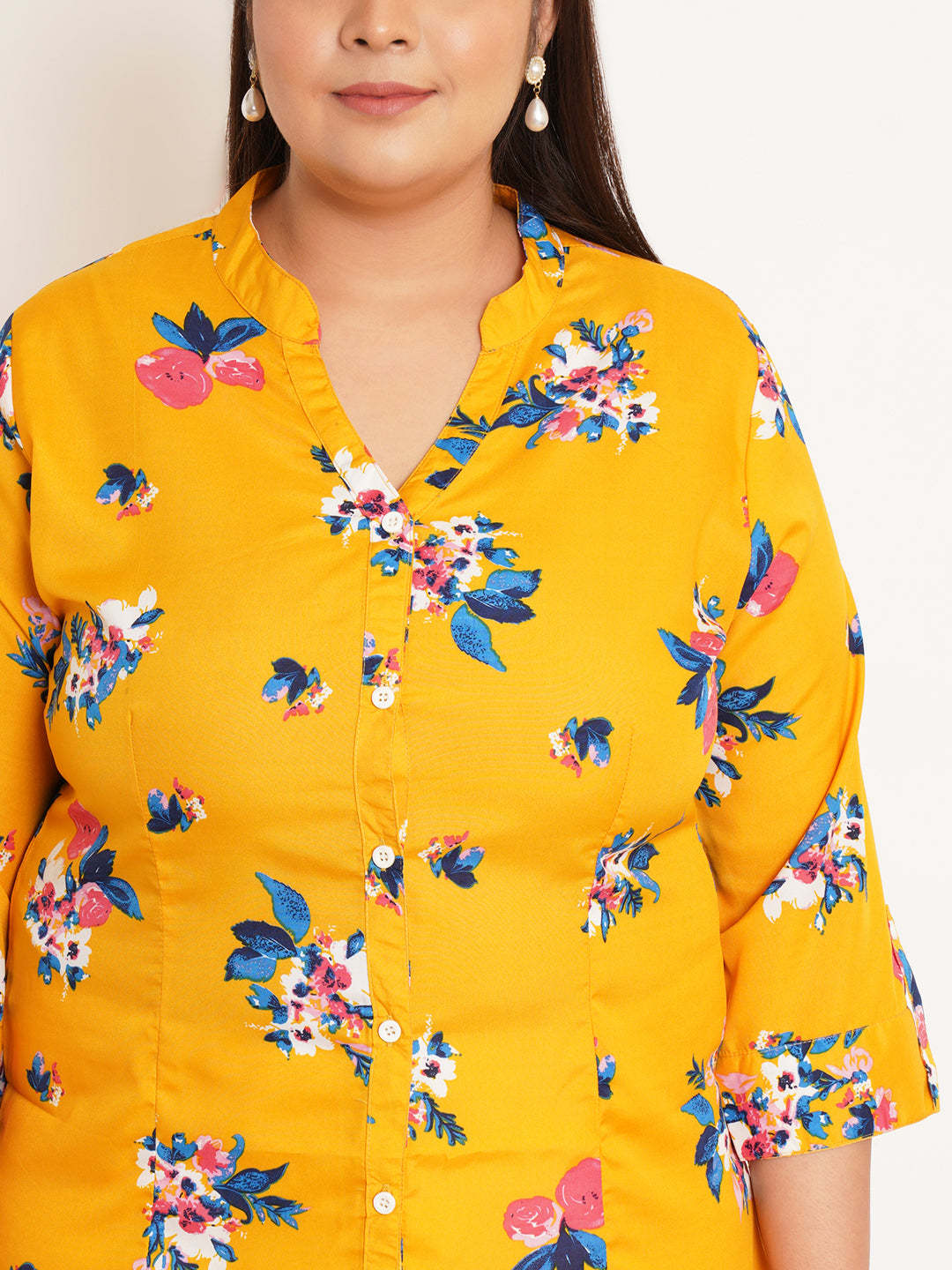 Women Plus Size Floral Printed Mandarin Collar Top