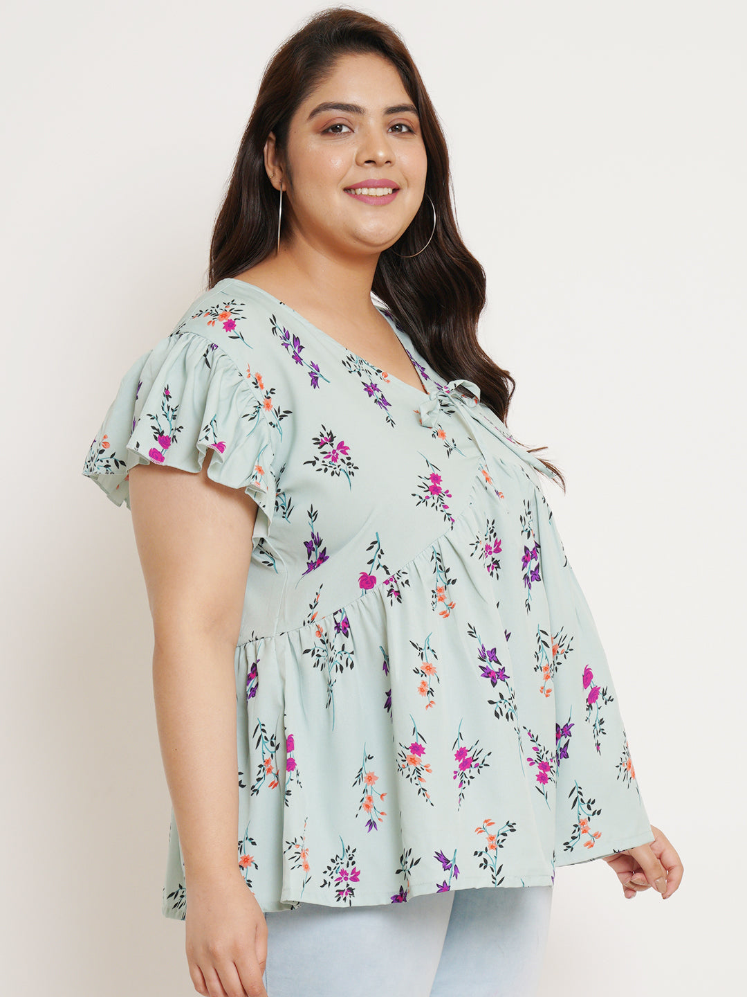 Women Plus Size Floral Printed Flutter Sleeves Top