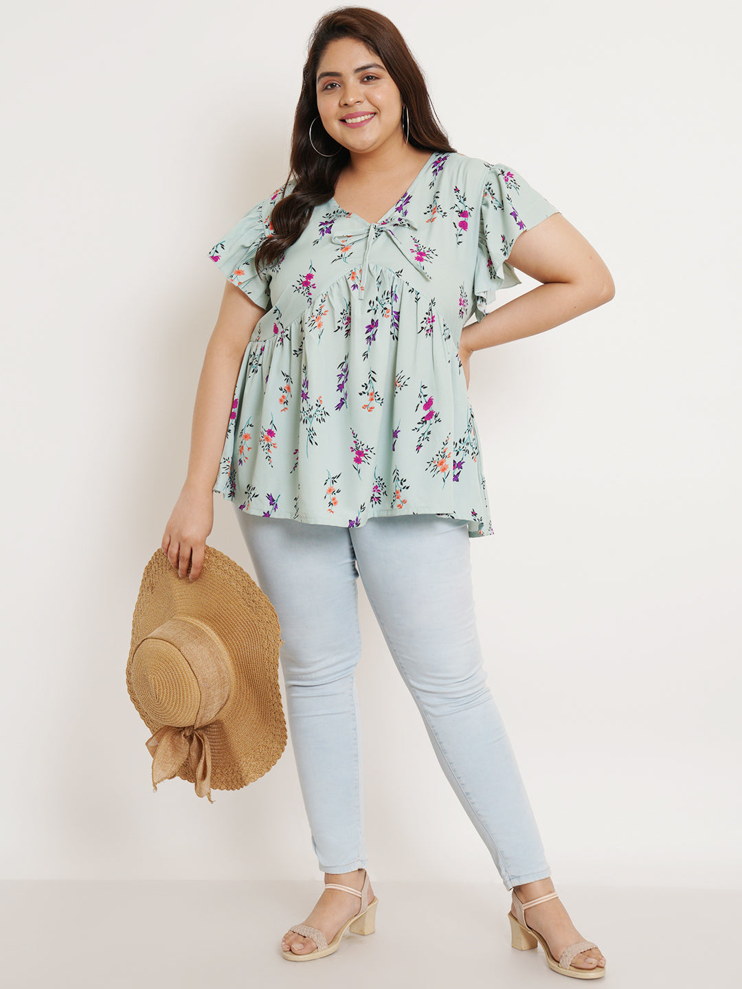 Women Plus Size Floral Printed Flutter Sleeves Top
