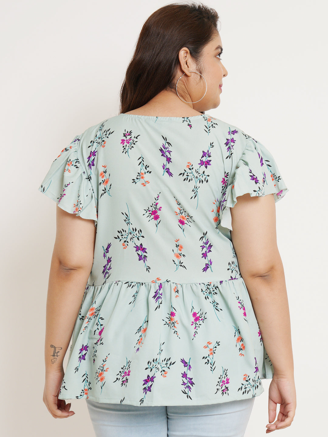 Women Plus Size Floral Printed Flutter Sleeves Top