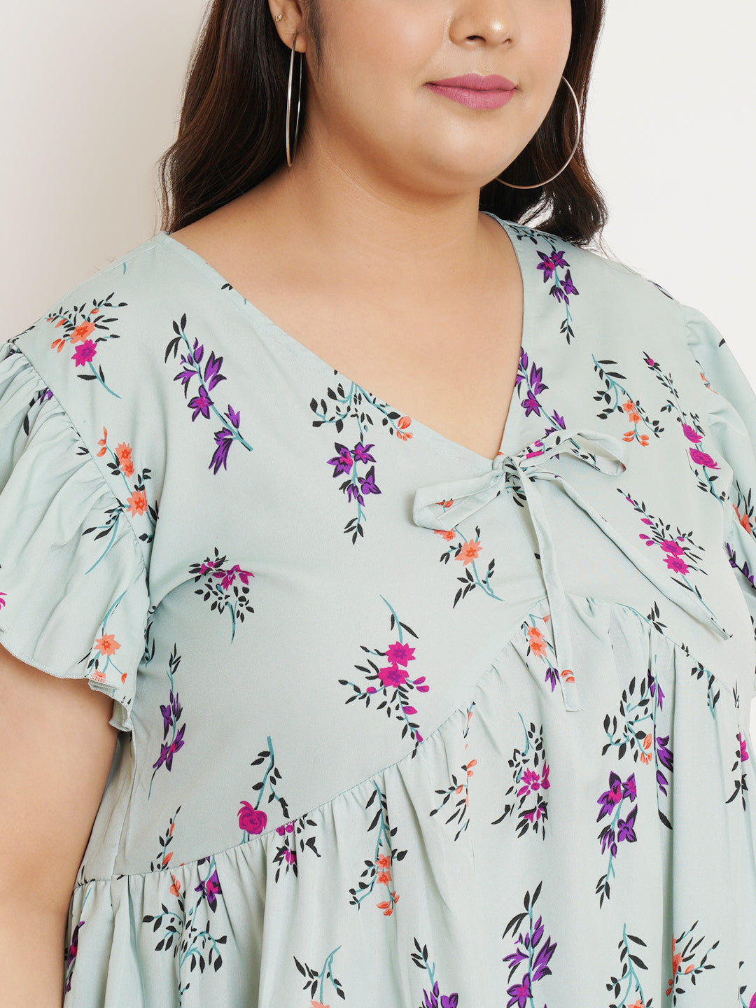 Women Plus Size Floral Printed Flutter Sleeves Top