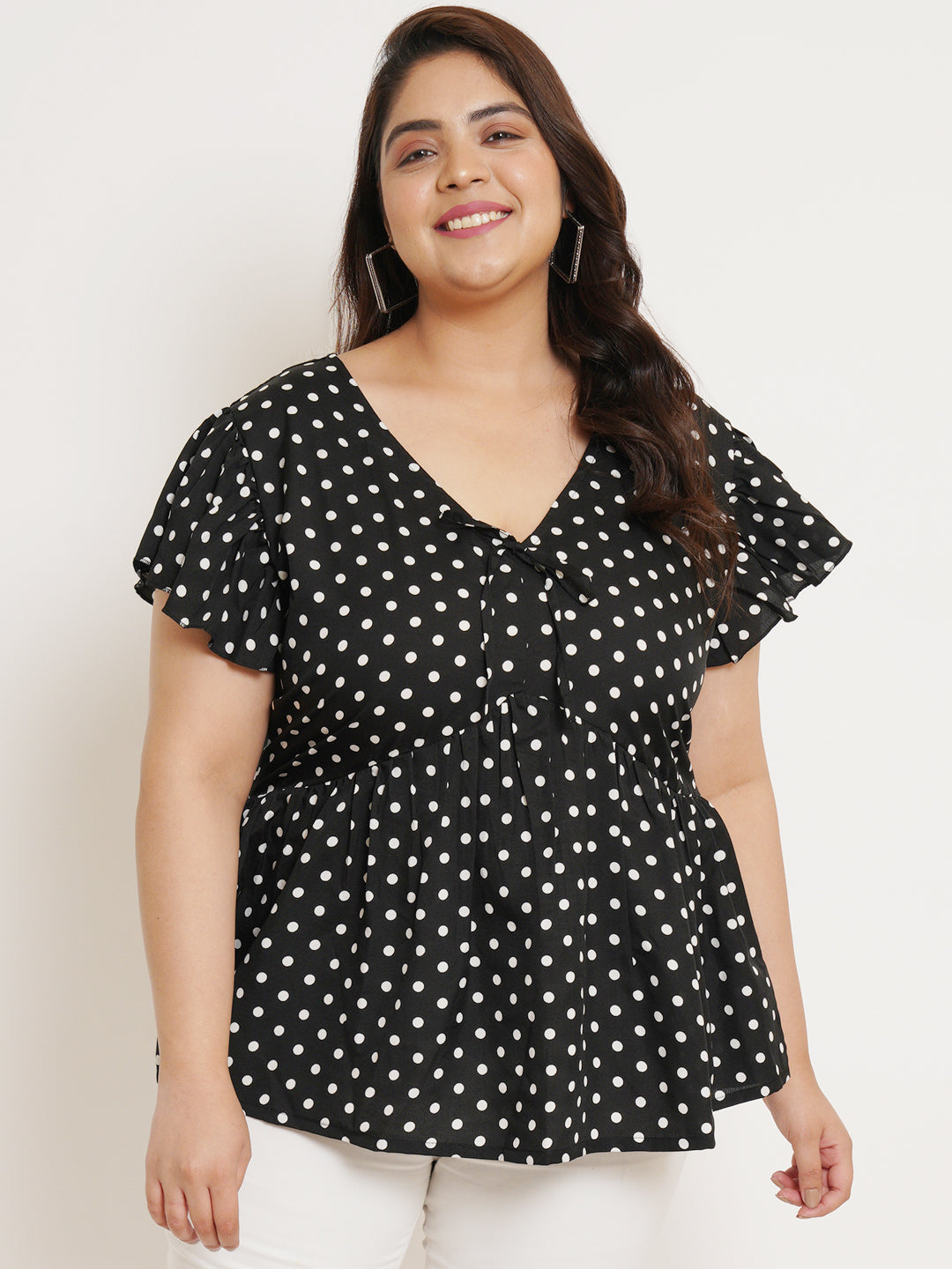 Women Plus Size Polka Dot Printed Flutter Sleeves Top