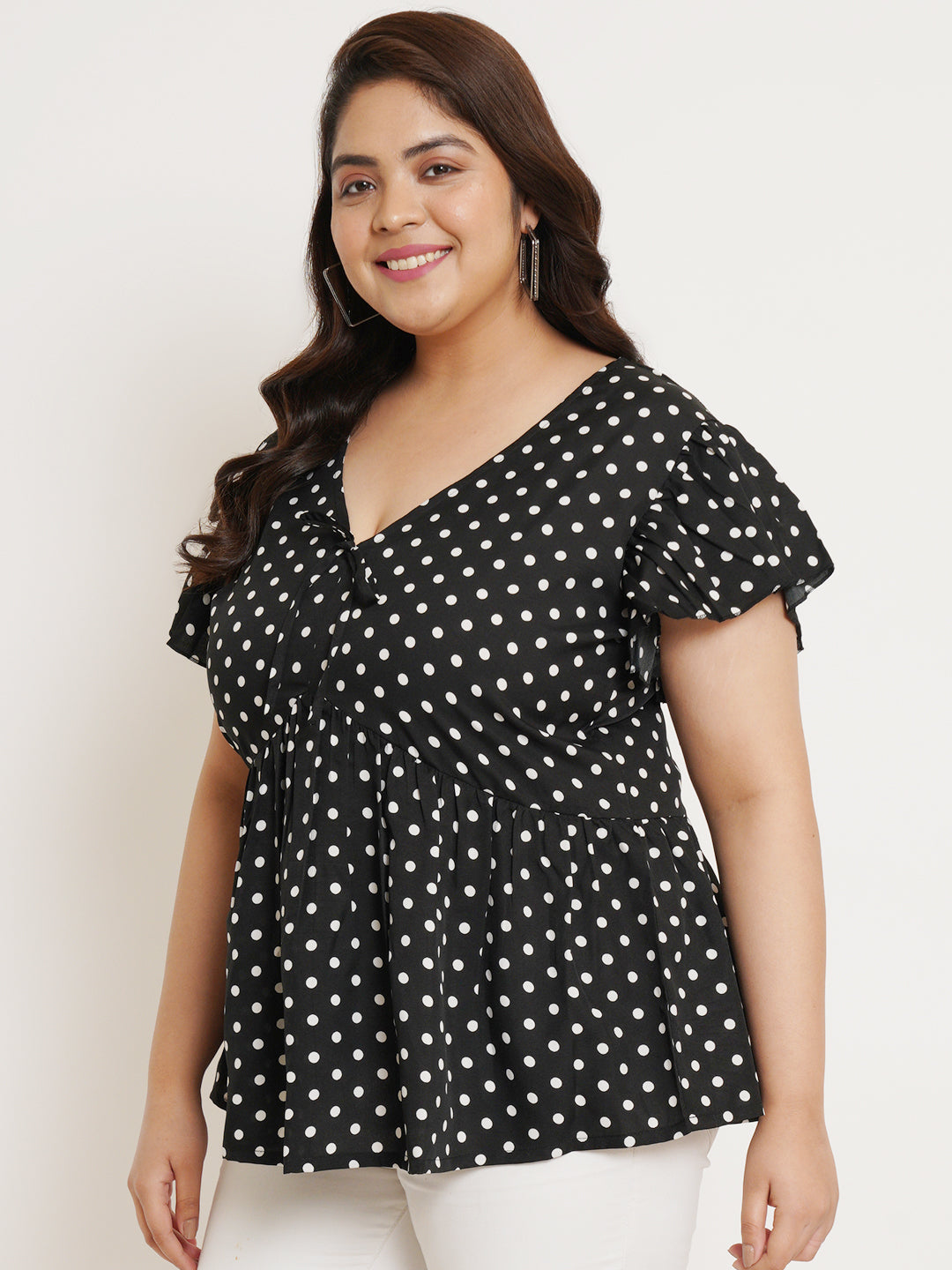 Women Plus Size Polka Dot Printed Flutter Sleeves Top