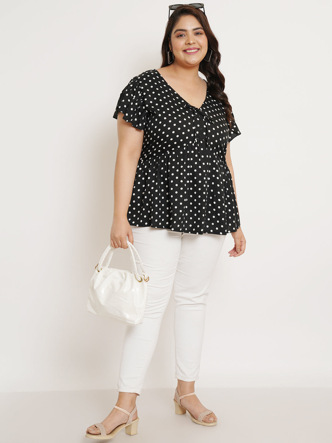 Women Plus Size Polka Dot Printed Flutter Sleeves Top