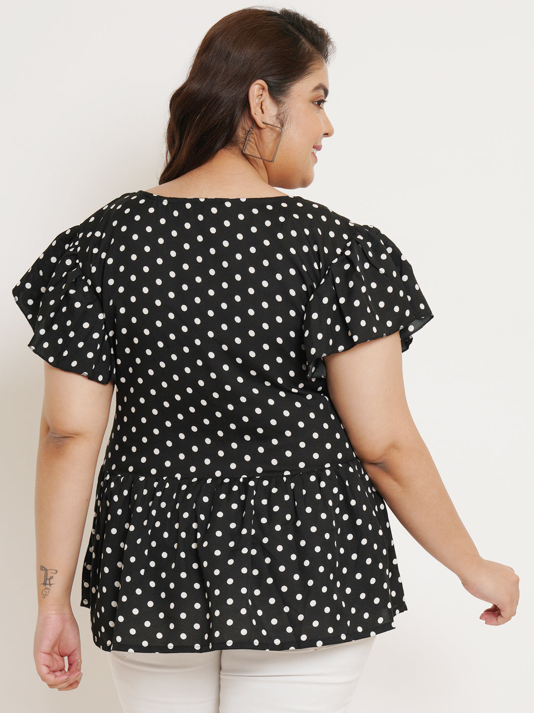 Women Plus Size Polka Dot Printed Flutter Sleeves Top
