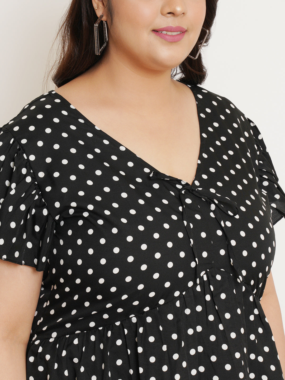 Women Plus Size Polka Dot Printed Flutter Sleeves Top