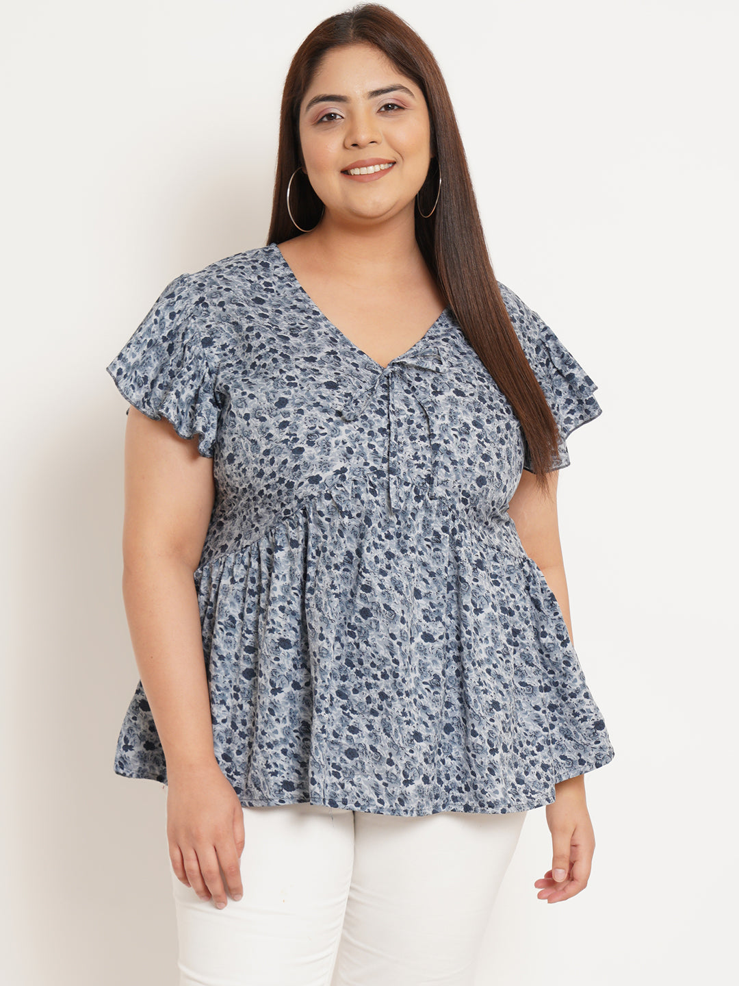 Women Plus Size Floral Printed Flutter Sleeves Top