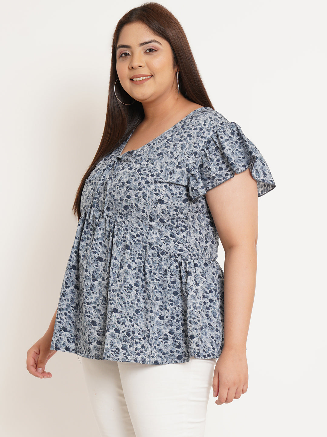 Women Plus Size Floral Printed Flutter Sleeves Top