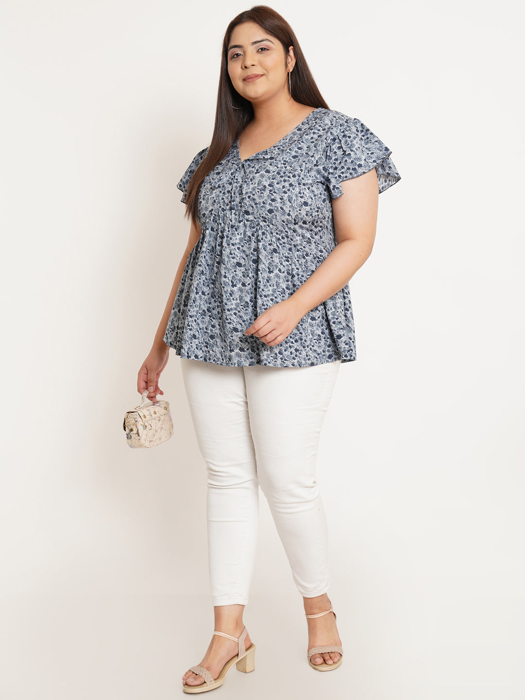 Women Plus Size Floral Printed Flutter Sleeves Top