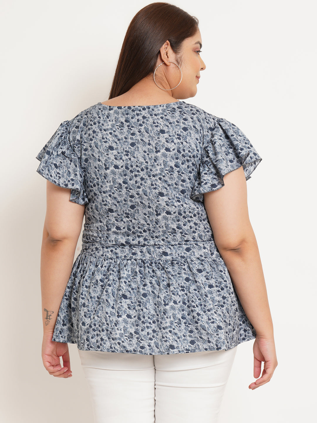 Women Plus Size Floral Printed Flutter Sleeves Top