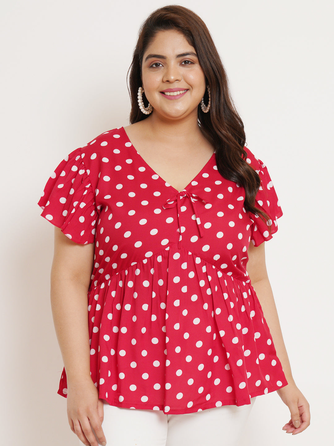 Women Plus Size Polka Dot Printed Flutter Sleeves Top