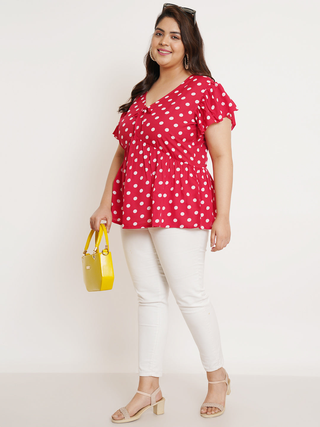 Women Plus Size Polka Dot Printed Flutter Sleeves Top