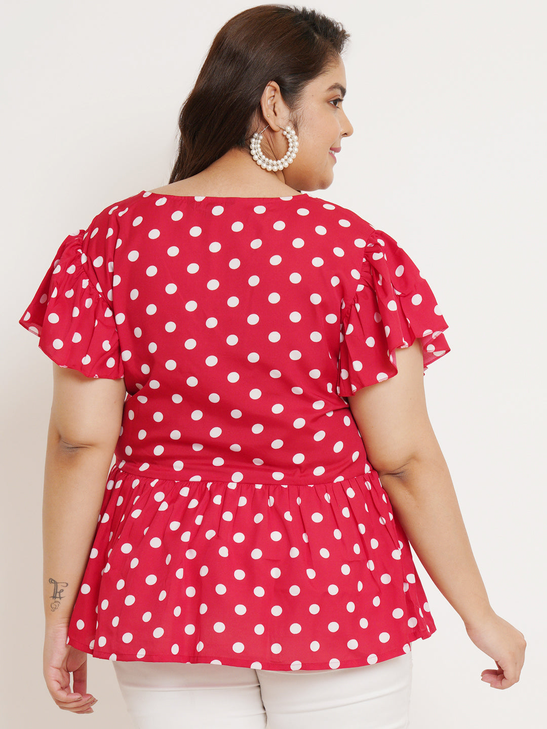 Women Plus Size Polka Dot Printed Flutter Sleeves Top