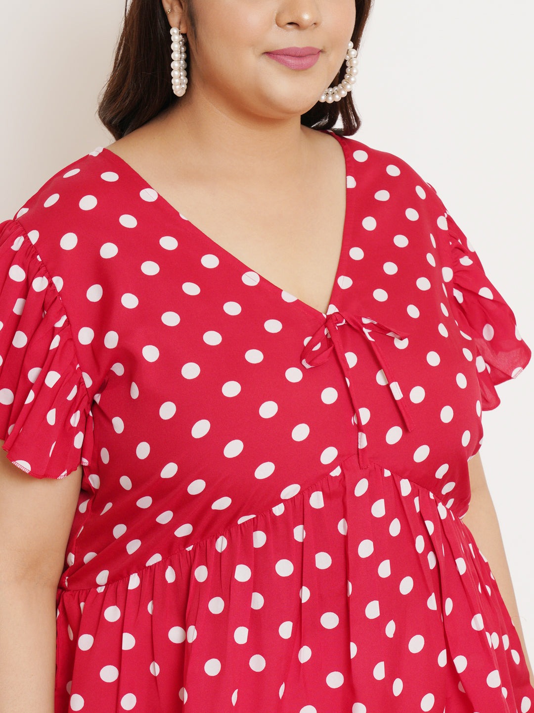 Women Plus Size Polka Dot Printed Flutter Sleeves Top