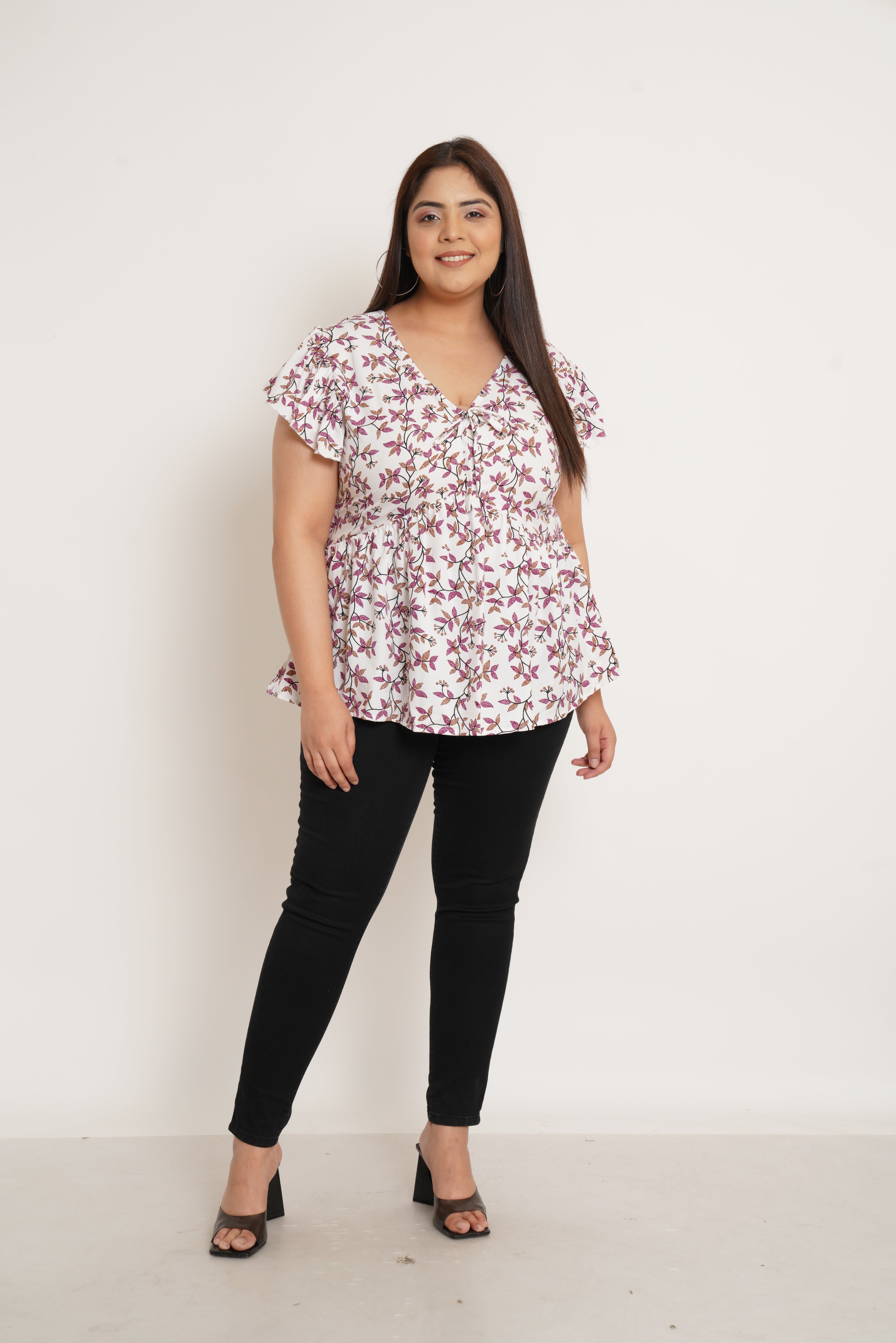 Women Plus Size Floral Printed Flutter Sleeves Top