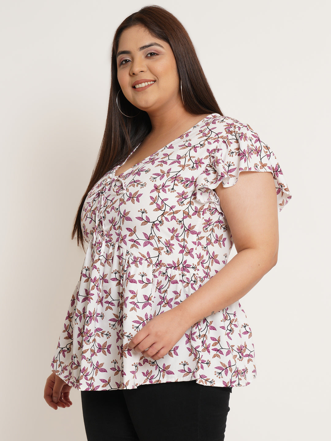 Women Plus Size Floral Printed Flutter Sleeves Top