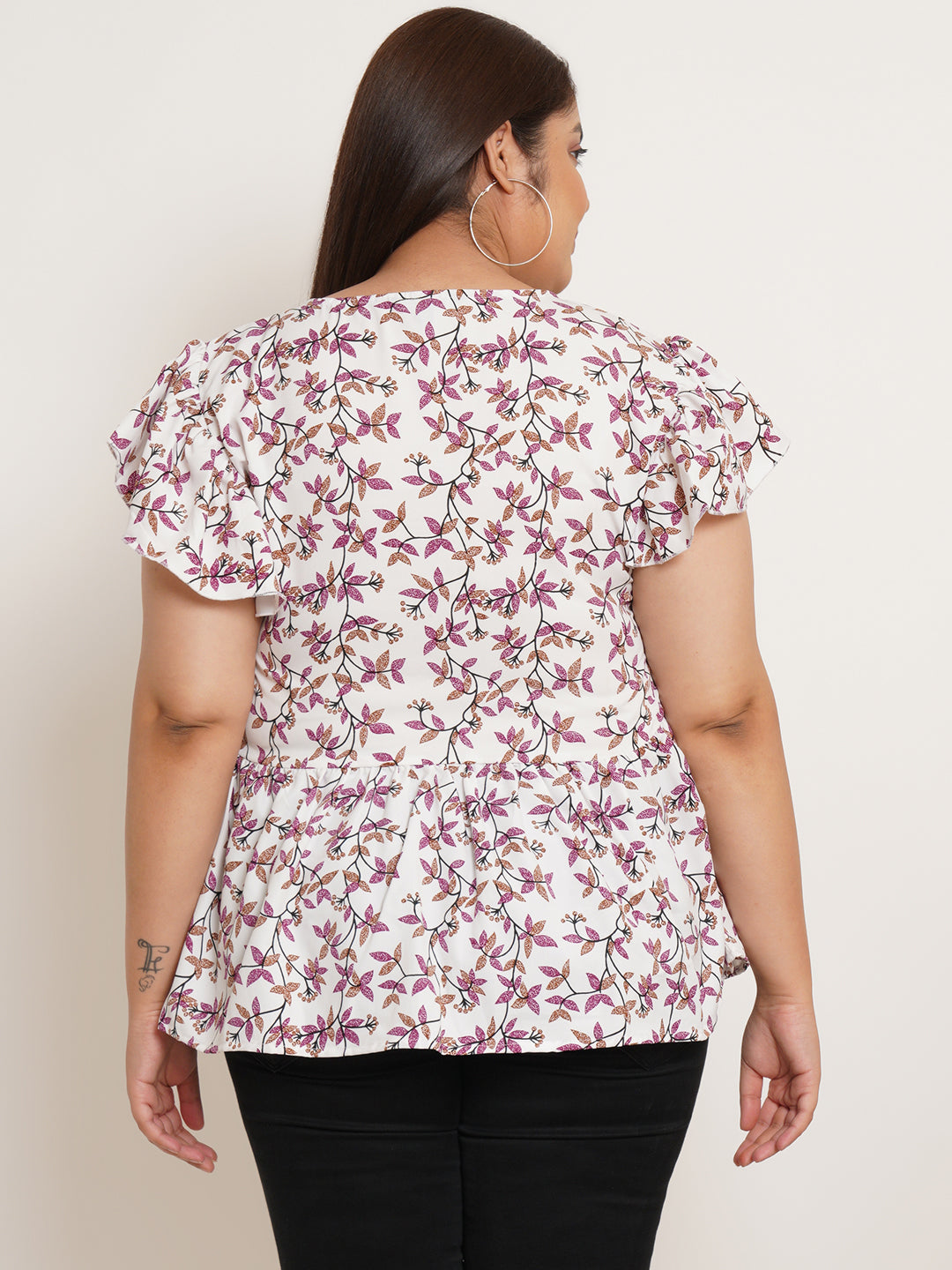 Women Plus Size Floral Printed Flutter Sleeves Top