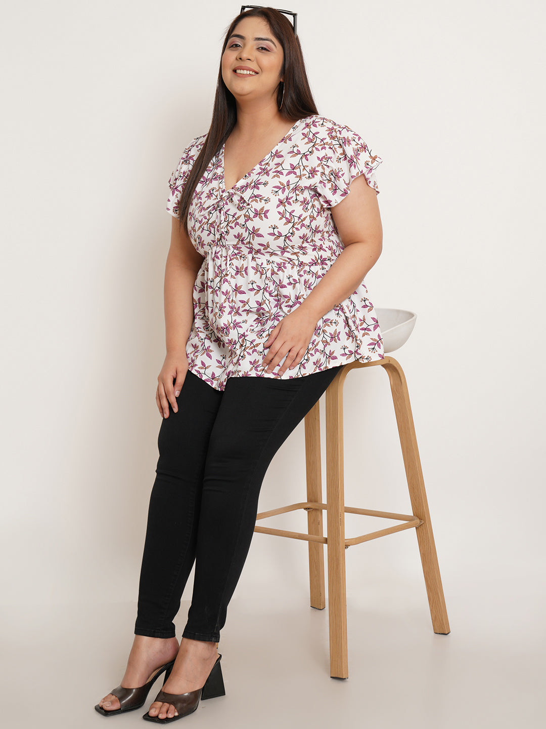 Women Plus Size Floral Printed Flutter Sleeves Top