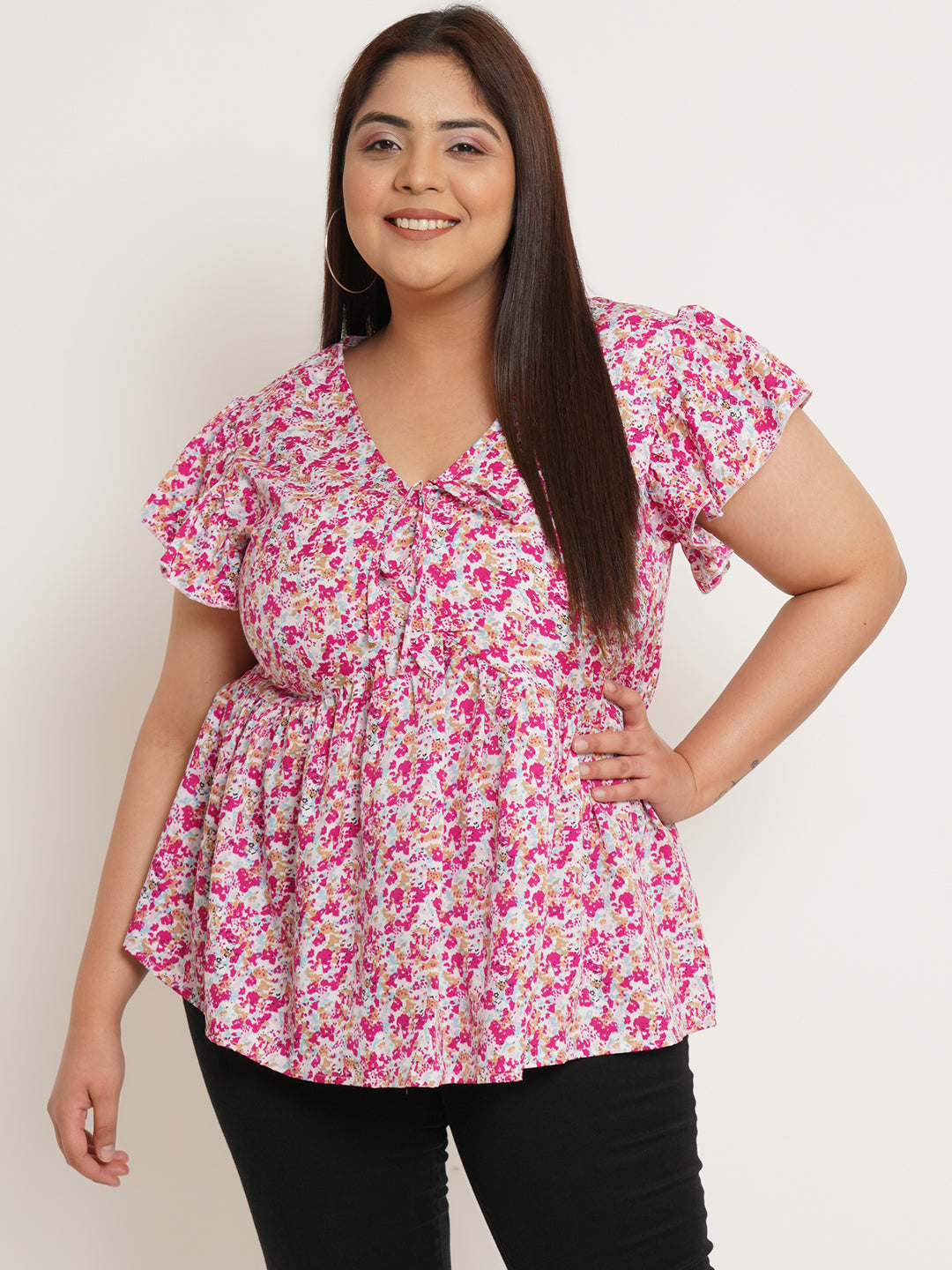 Women Plus Size Floral Printed Flutter Sleeves Top