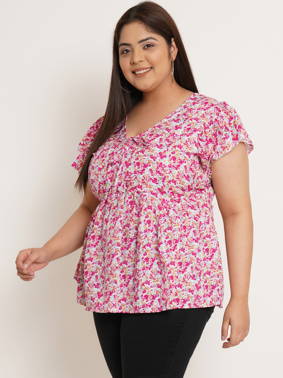Women Plus Size Floral Printed Flutter Sleeves Top