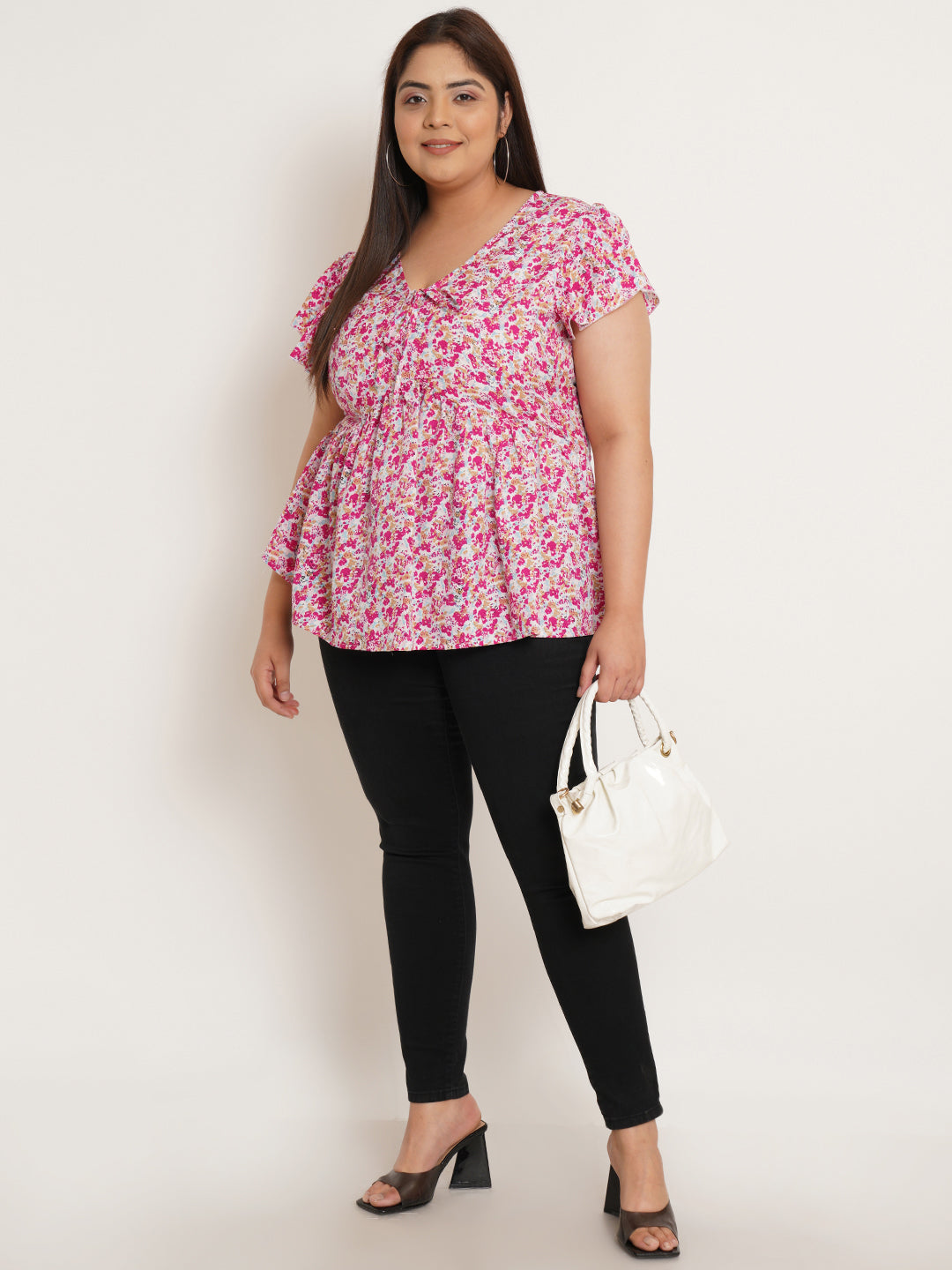 Women Plus Size Floral Printed Flutter Sleeves Top
