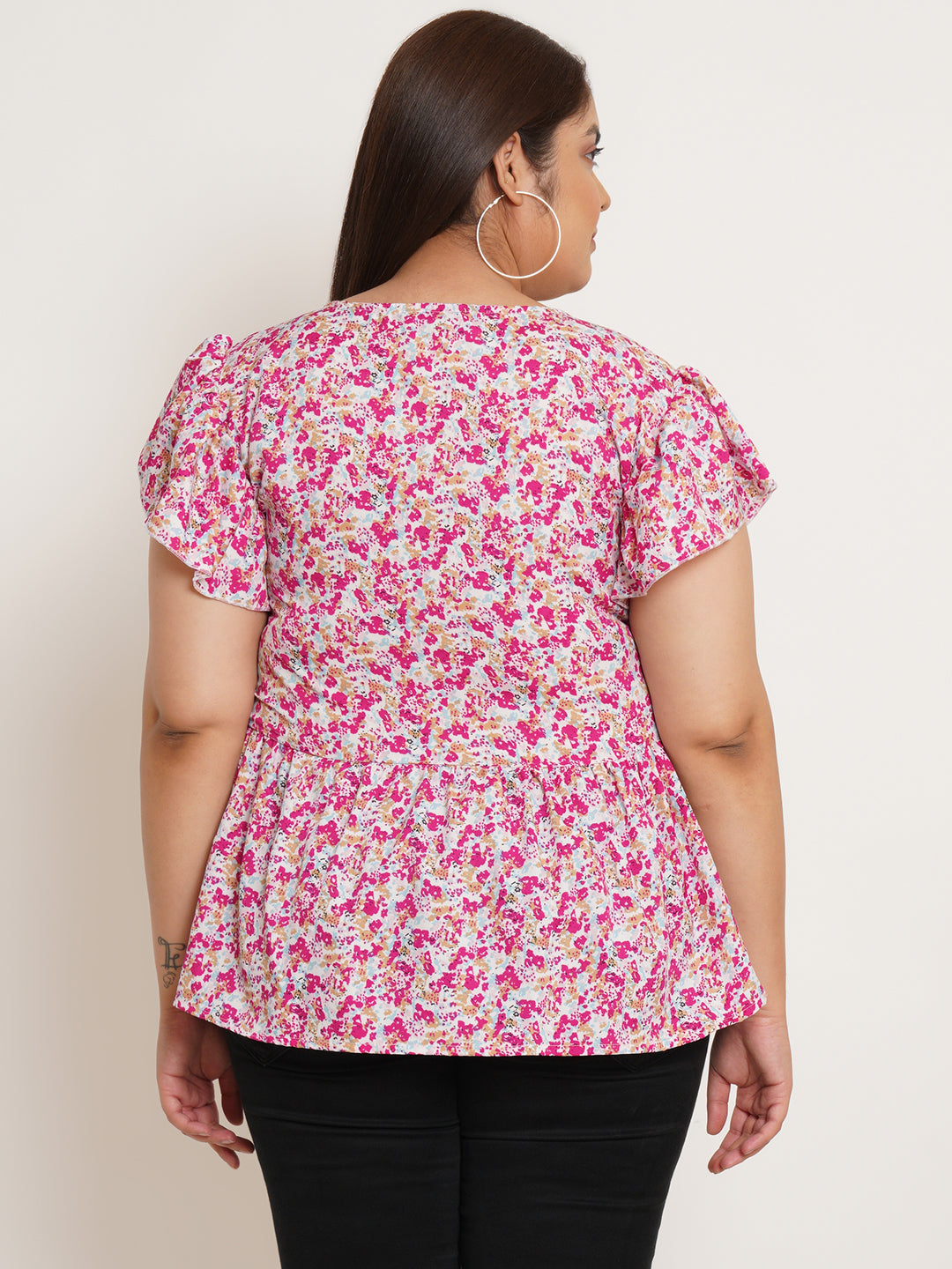 Women Plus Size Floral Printed Flutter Sleeves Top