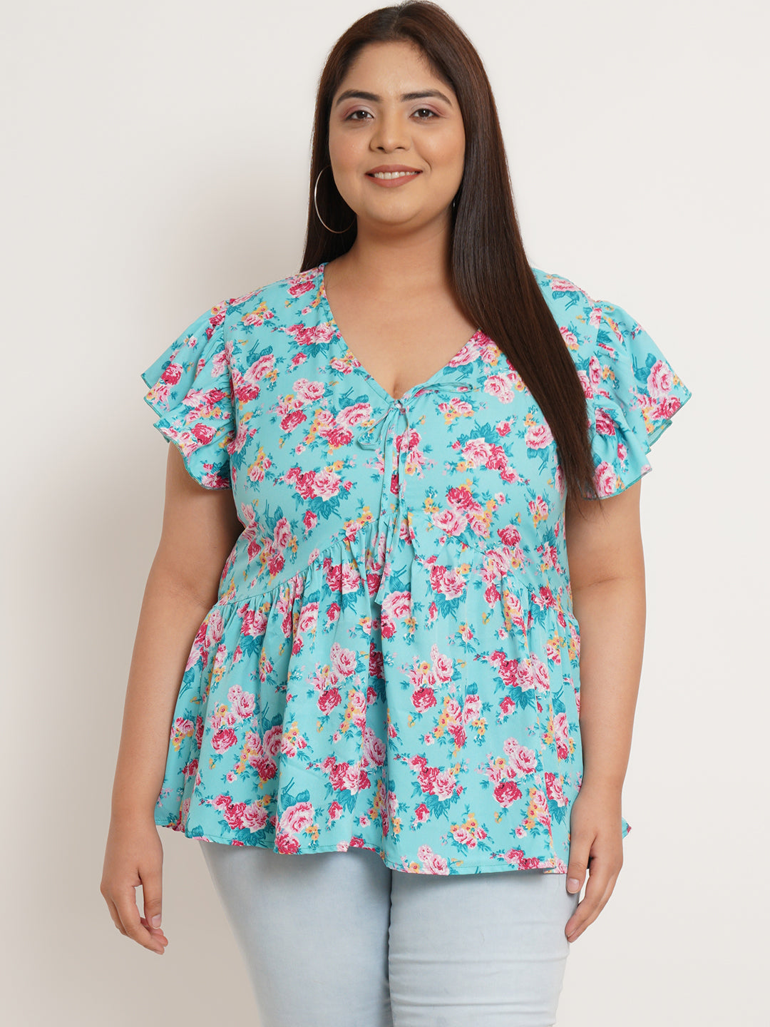 Women Plus Size Floral Printed Flutter Sleeves Top