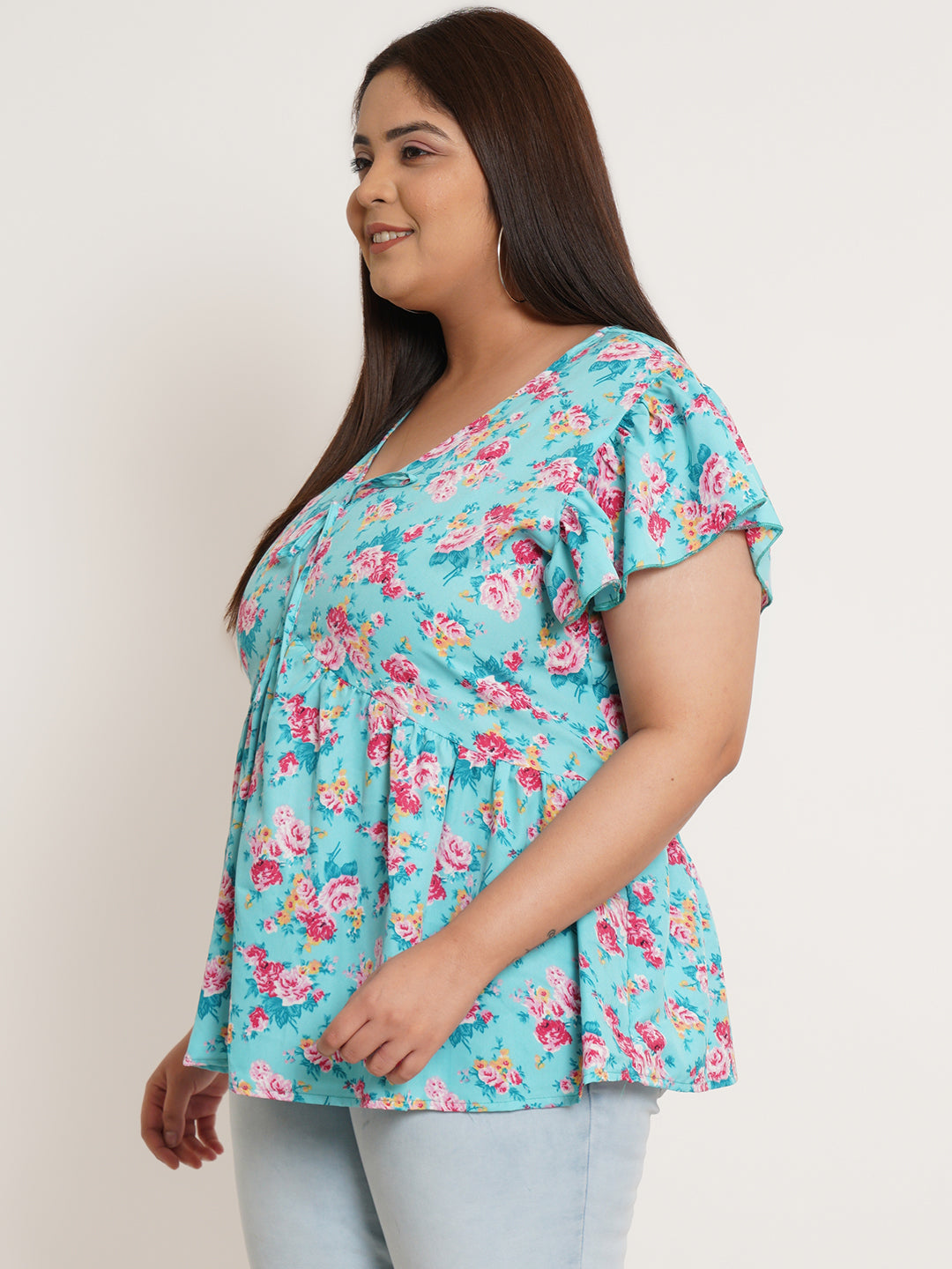 Women Plus Size Floral Printed Flutter Sleeves Top