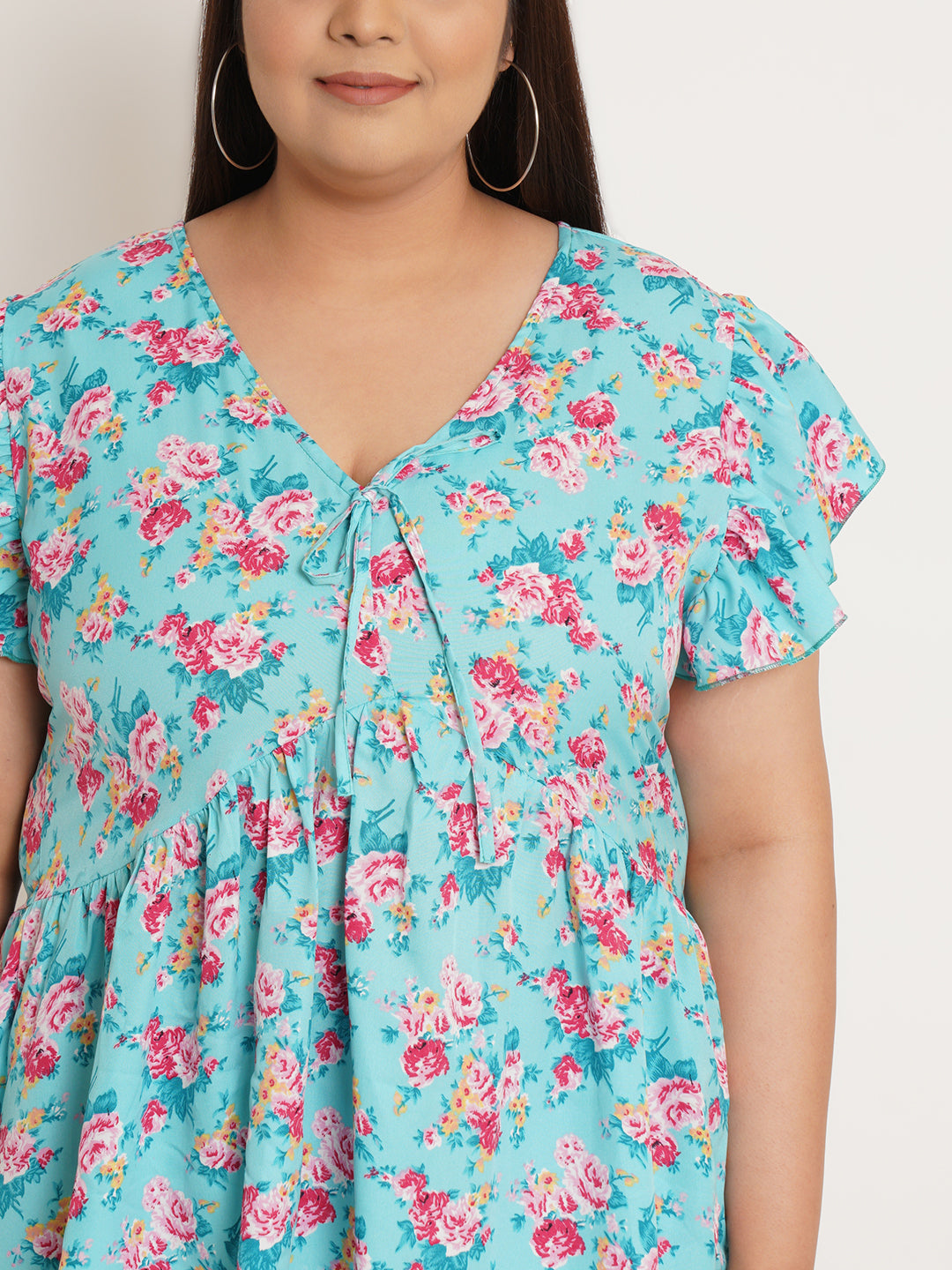 Women Plus Size Floral Printed Flutter Sleeves Top