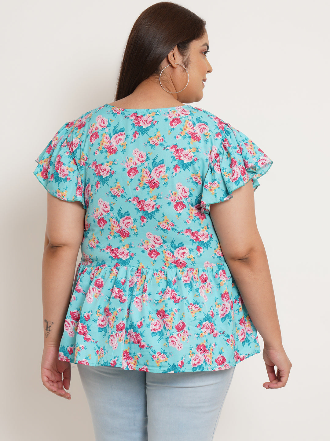 Women Plus Size Floral Printed Flutter Sleeves Top