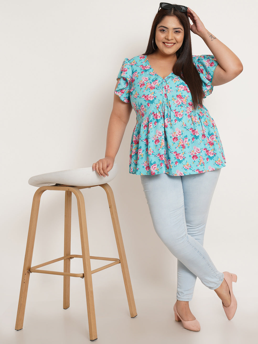 Women Plus Size Floral Printed Flutter Sleeves Top