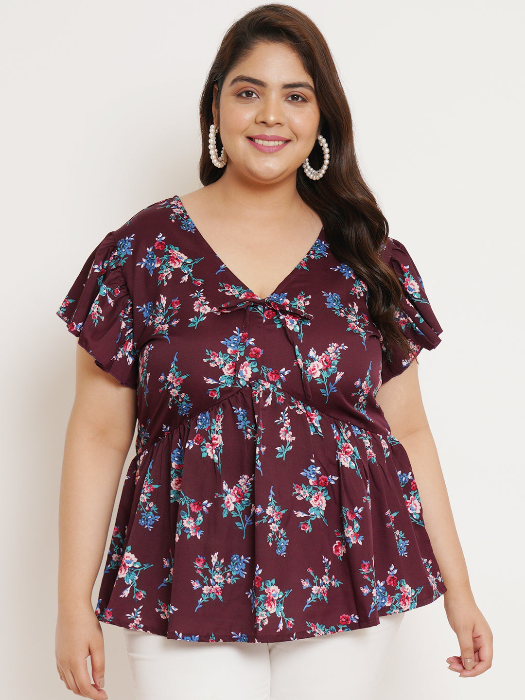 Women Plus Size Floral Printed Flutter Sleeves Top