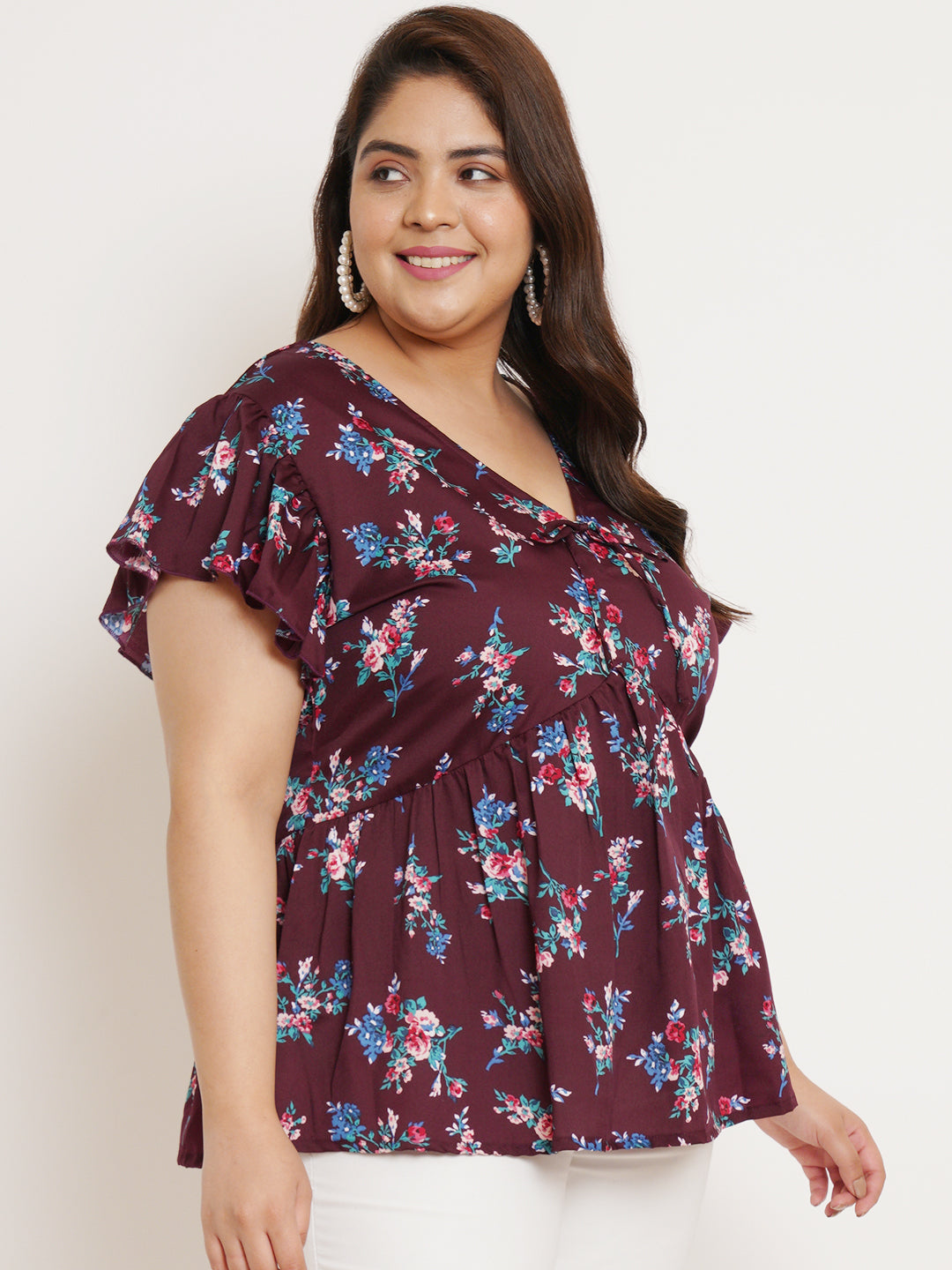 Women Plus Size Floral Printed Flutter Sleeves Top