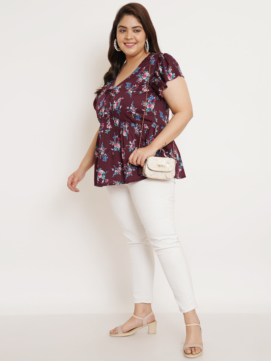 Women Plus Size Floral Printed Flutter Sleeves Top
