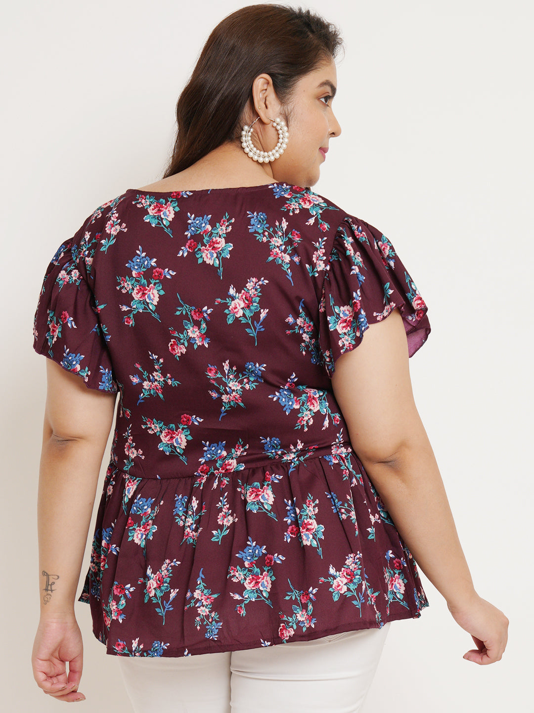 Women Plus Size Floral Printed Flutter Sleeves Top