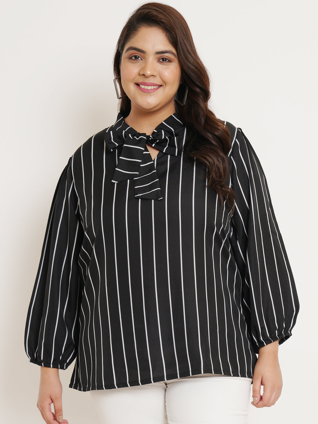 Women Plus Size Striped Tie-Up Neck Top