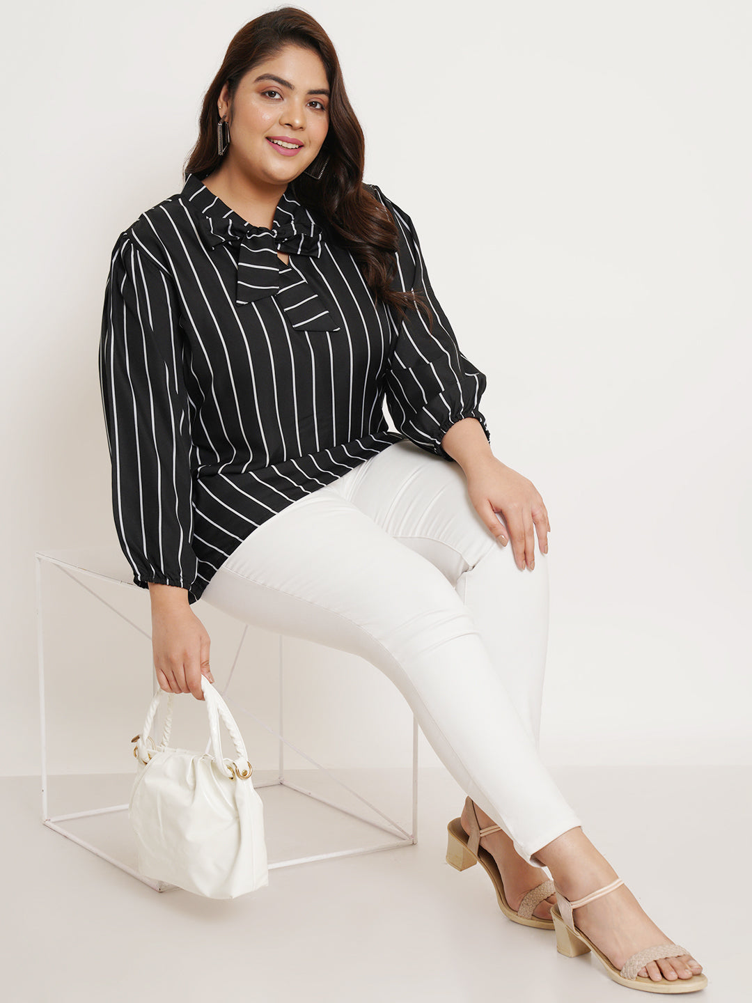 Women Plus Size Striped Tie-Up Neck Top