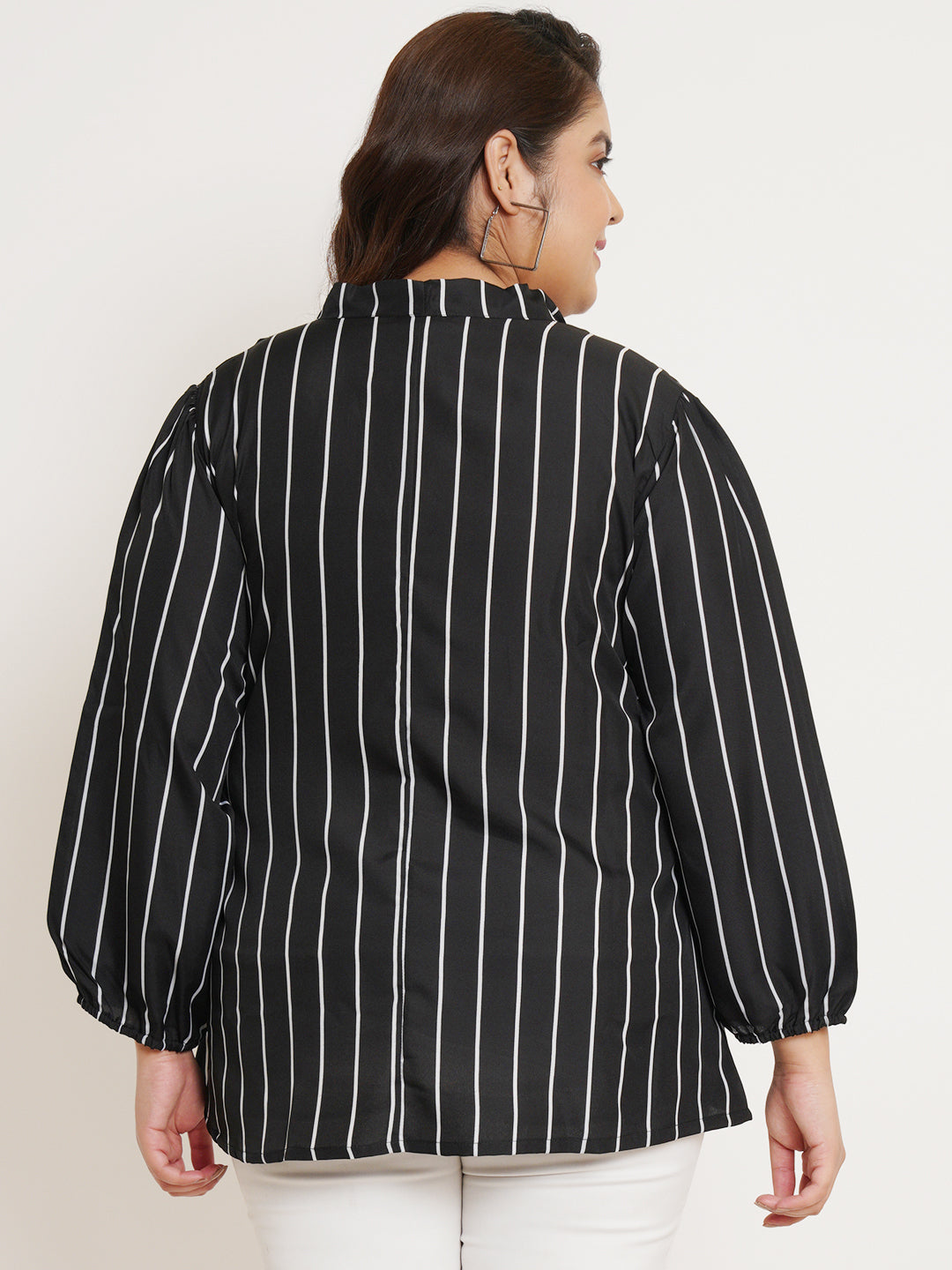 Women Plus Size Striped Tie-Up Neck Top