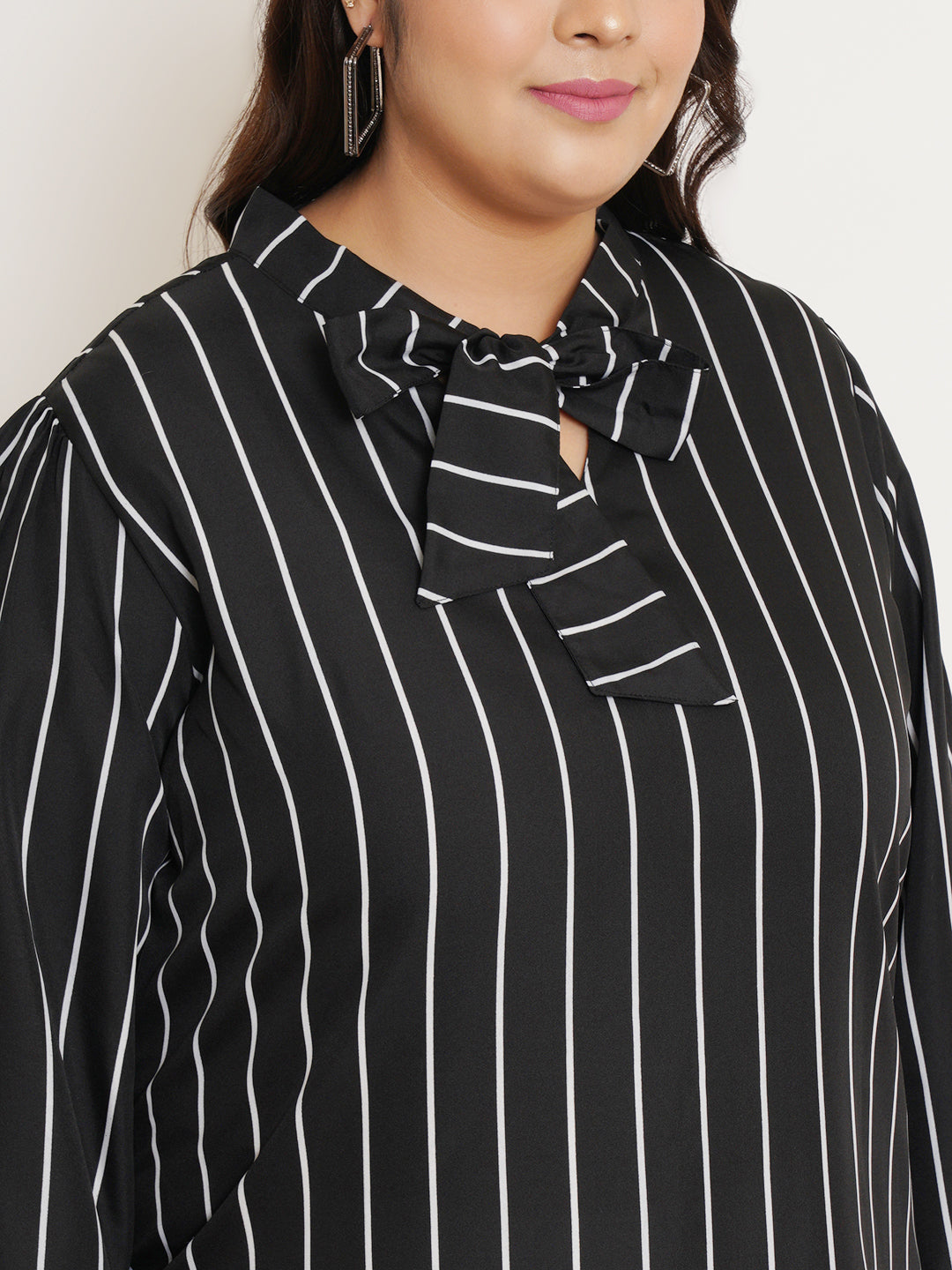 Women Plus Size Striped Tie-Up Neck Top