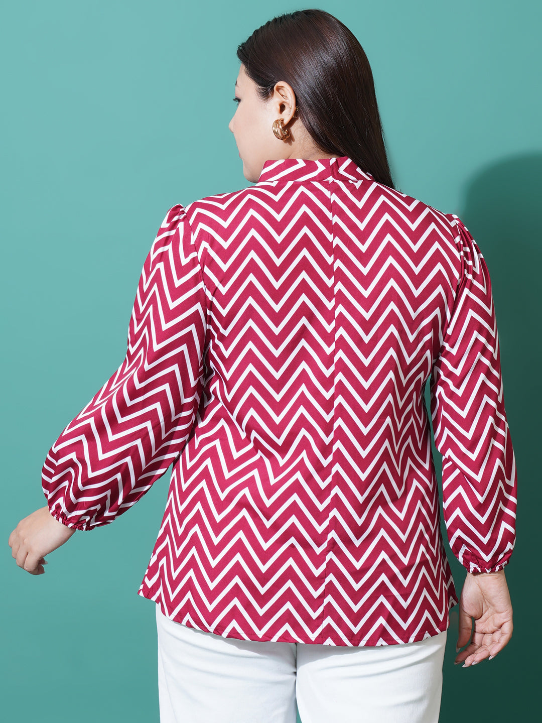 Women Plus Size Striped crepe Tie-Up Neck Top