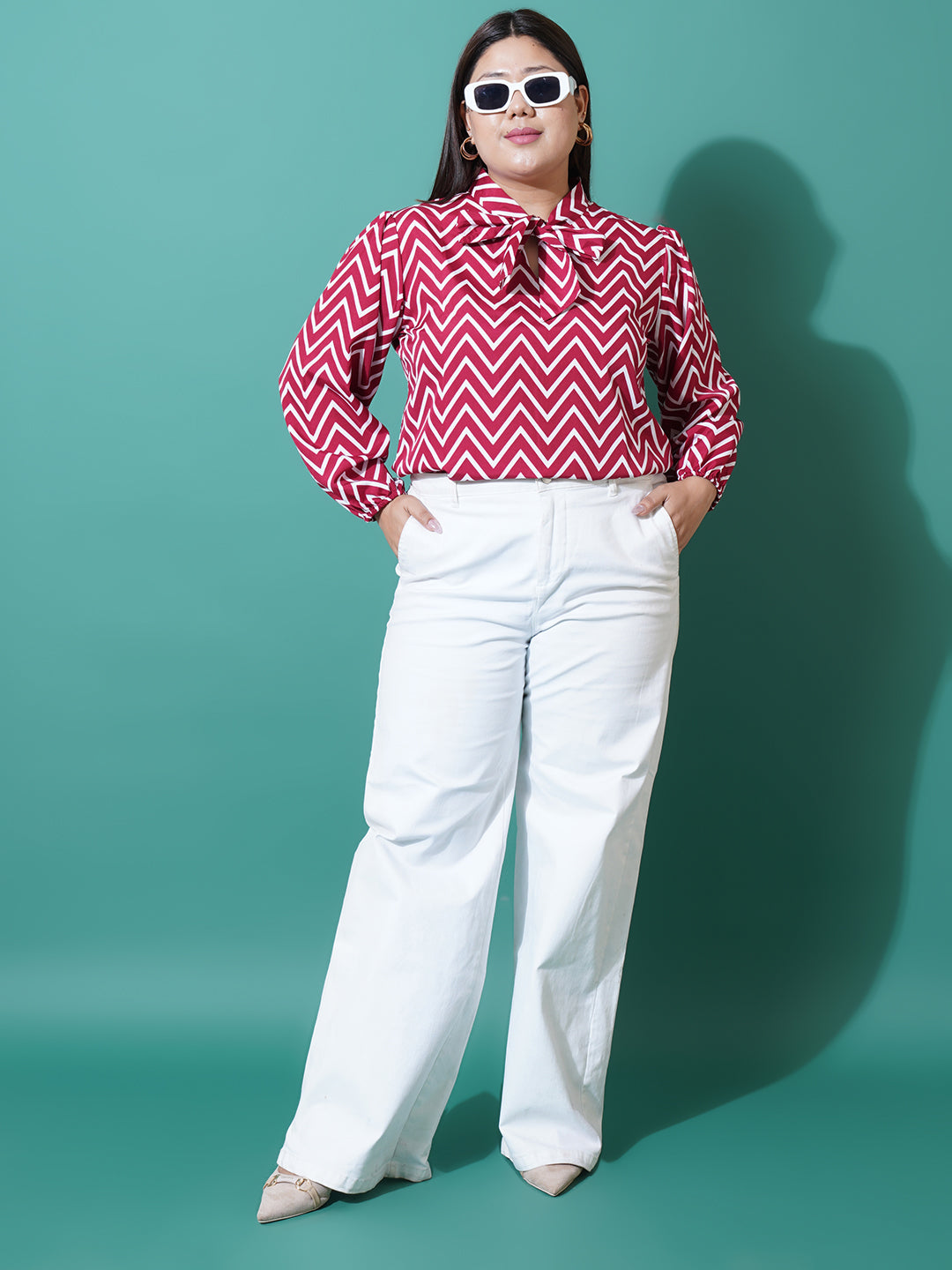 Women Plus Size Striped crepe Tie-Up Neck Top