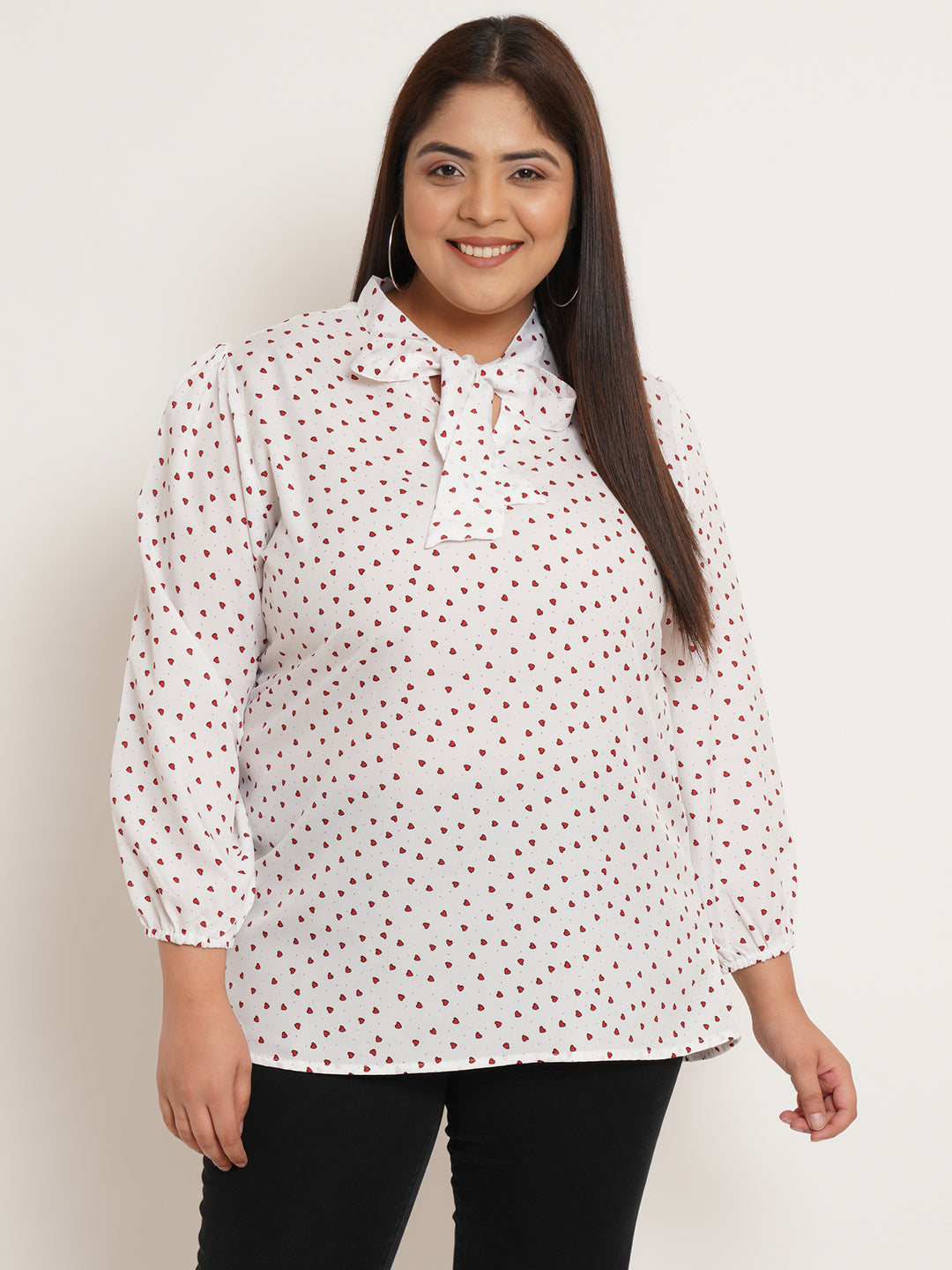 Women Plus Size Conversational Tie-Up Neck Top