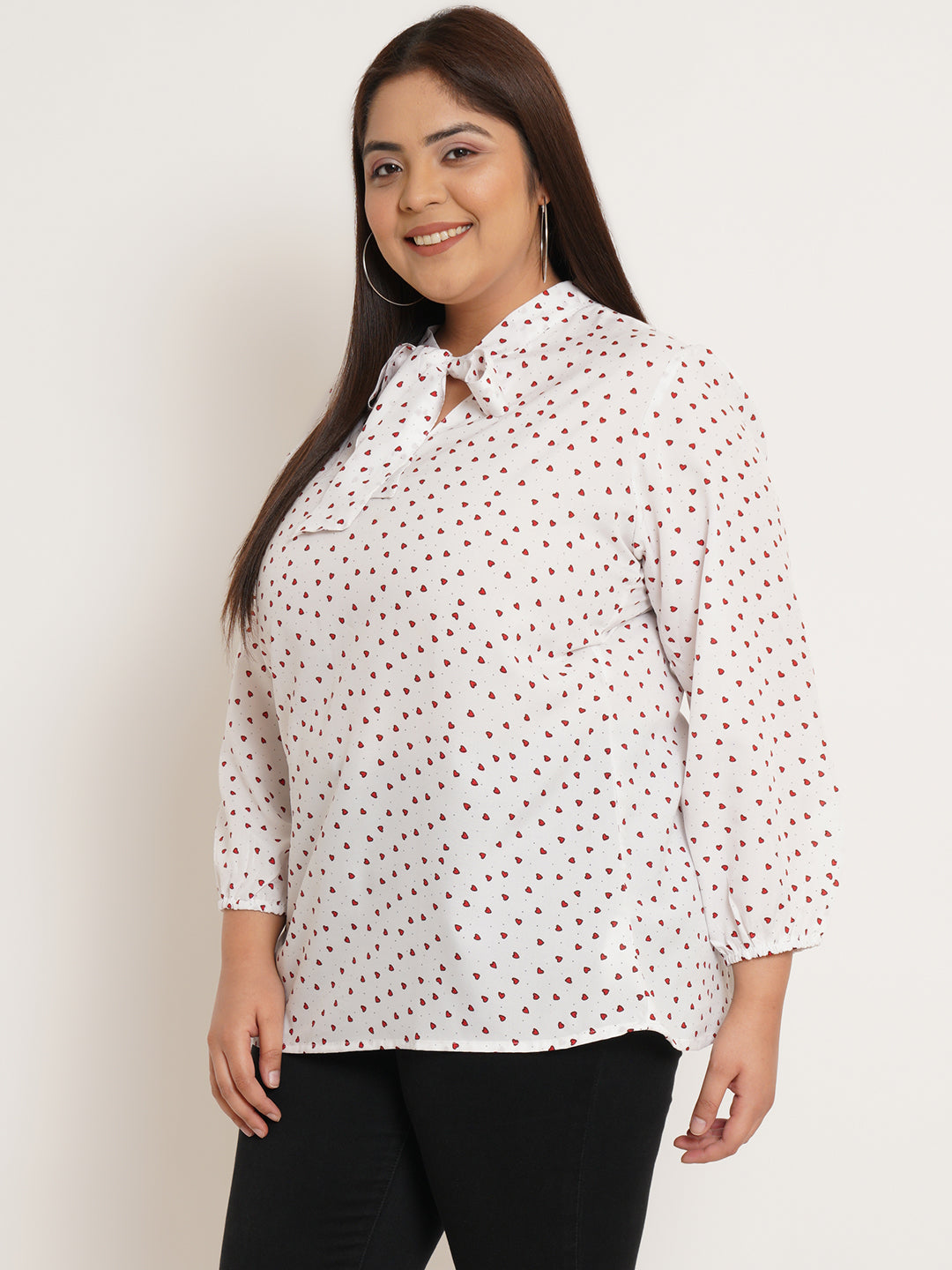 Women Plus Size Conversational Tie-Up Neck Top